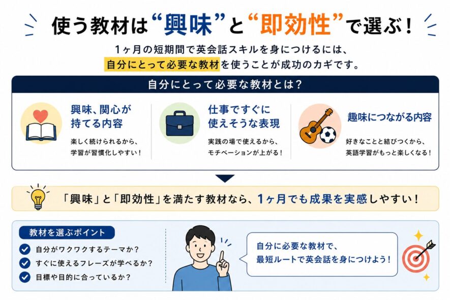 1ヶ月で成果を得るために興味が持てて即効性がある英語教材を選ぼう